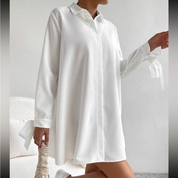 Tie Button Long Sleeve Shirt Dress main image 1